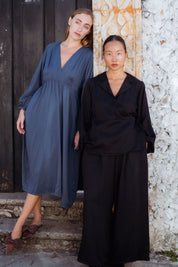 Monte Dress in Blue-Green (Lagoon) V-neck lyocell midi dress, side view - MAS Montréal