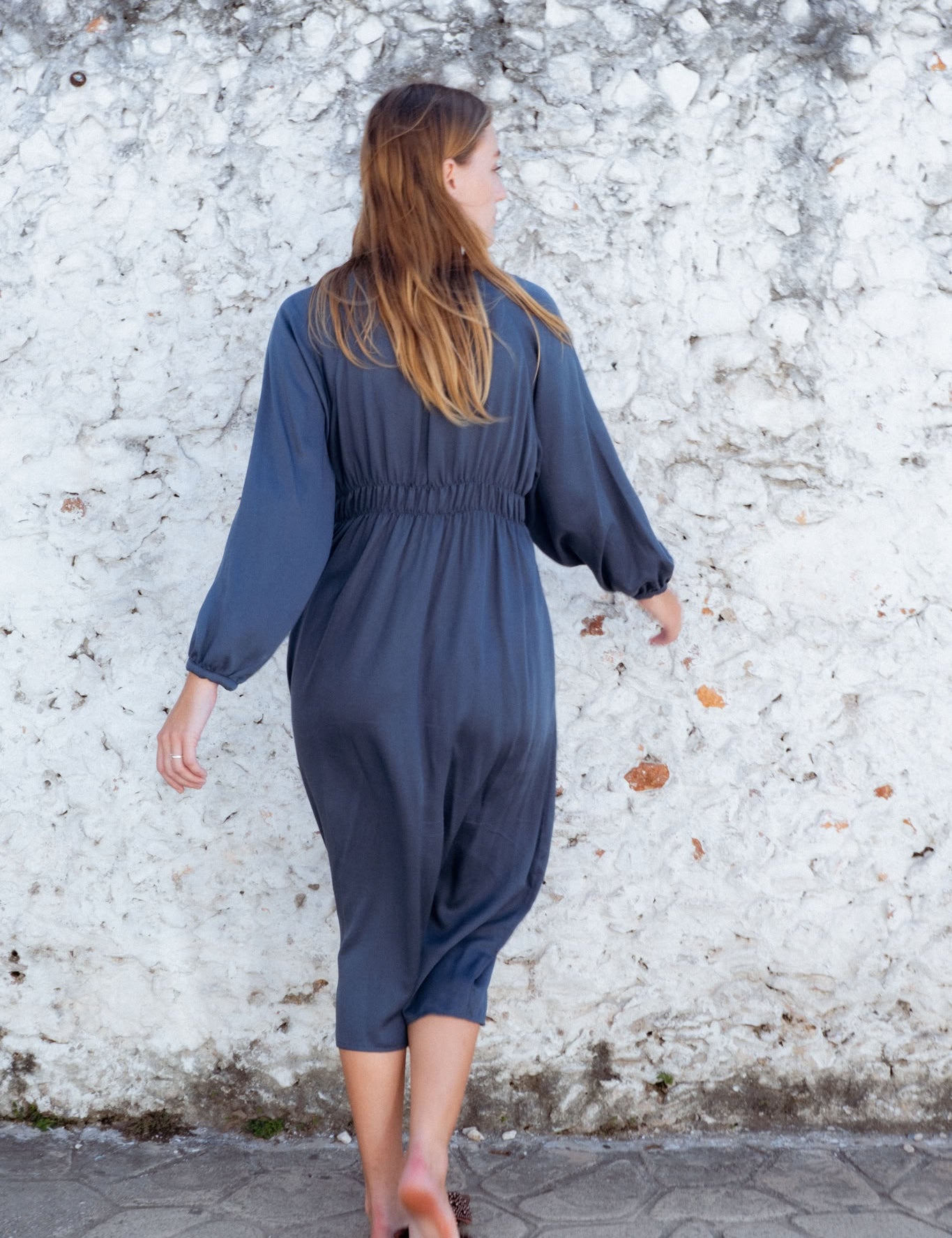 Monte Dress in Blue-Green (Lagoon) V-neck lyocell midi dress, back view - MAS Montréal