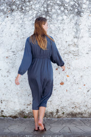 Monte Dress in Blue-Green (Lagoon) V-neck lyocell midi dress, back view - MAS Montréal