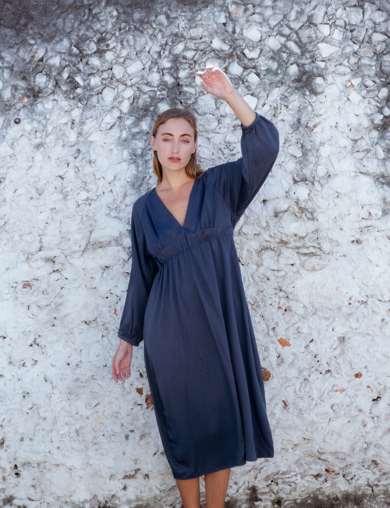 Monte Dress in Blue-Green (Lagoon) V-neck lyocell midi dress - MAS Montréal