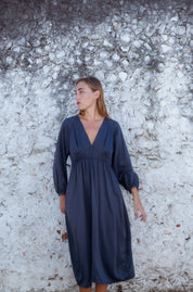 Monte Dress in Blue-Green (Lagoon) V-neck lyocell midi dress, detail - MAS Montréal
