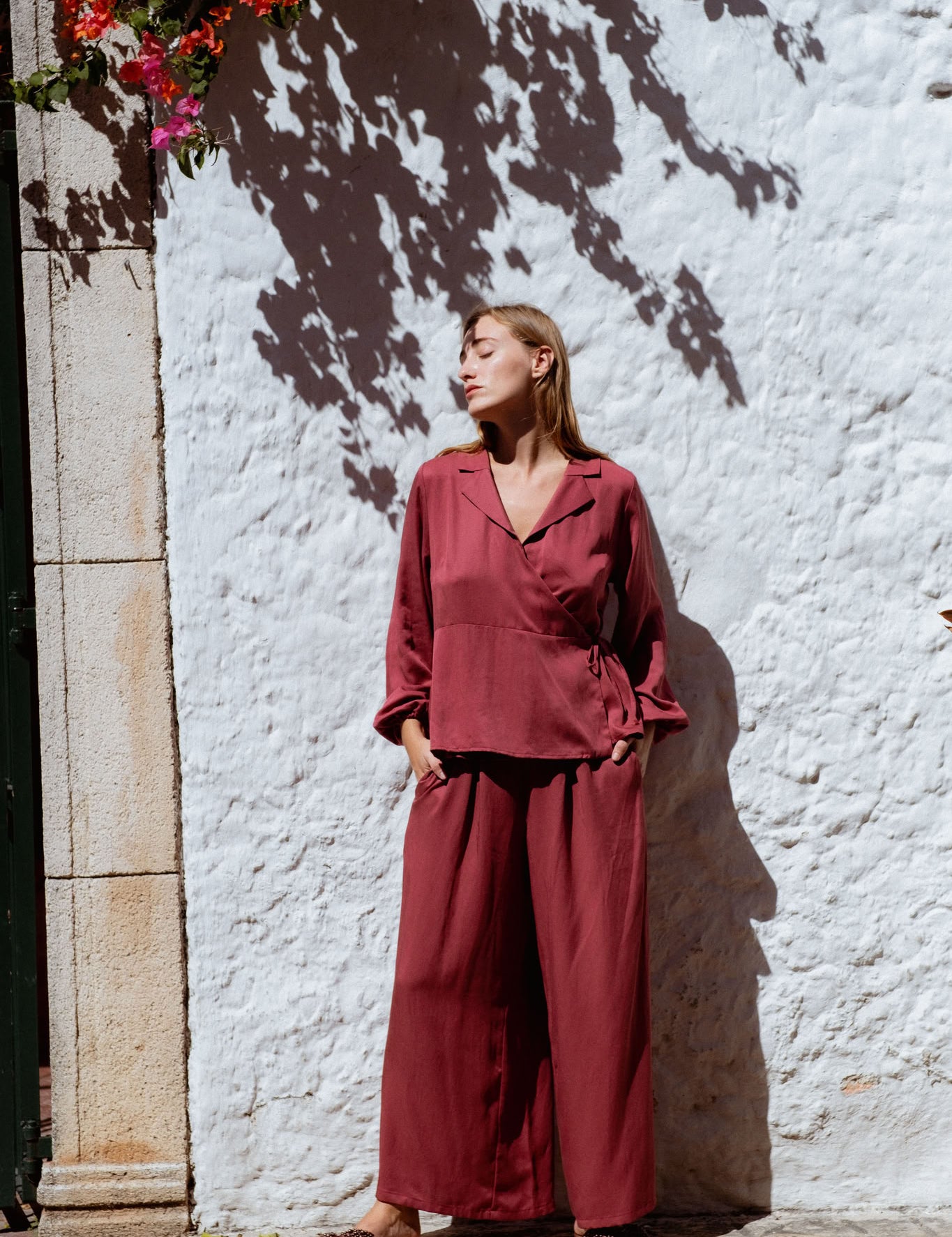Skelling Blouse in Dusty Rose (Bloom) wrap-front lyocell blouse, side view - MAS Montréal