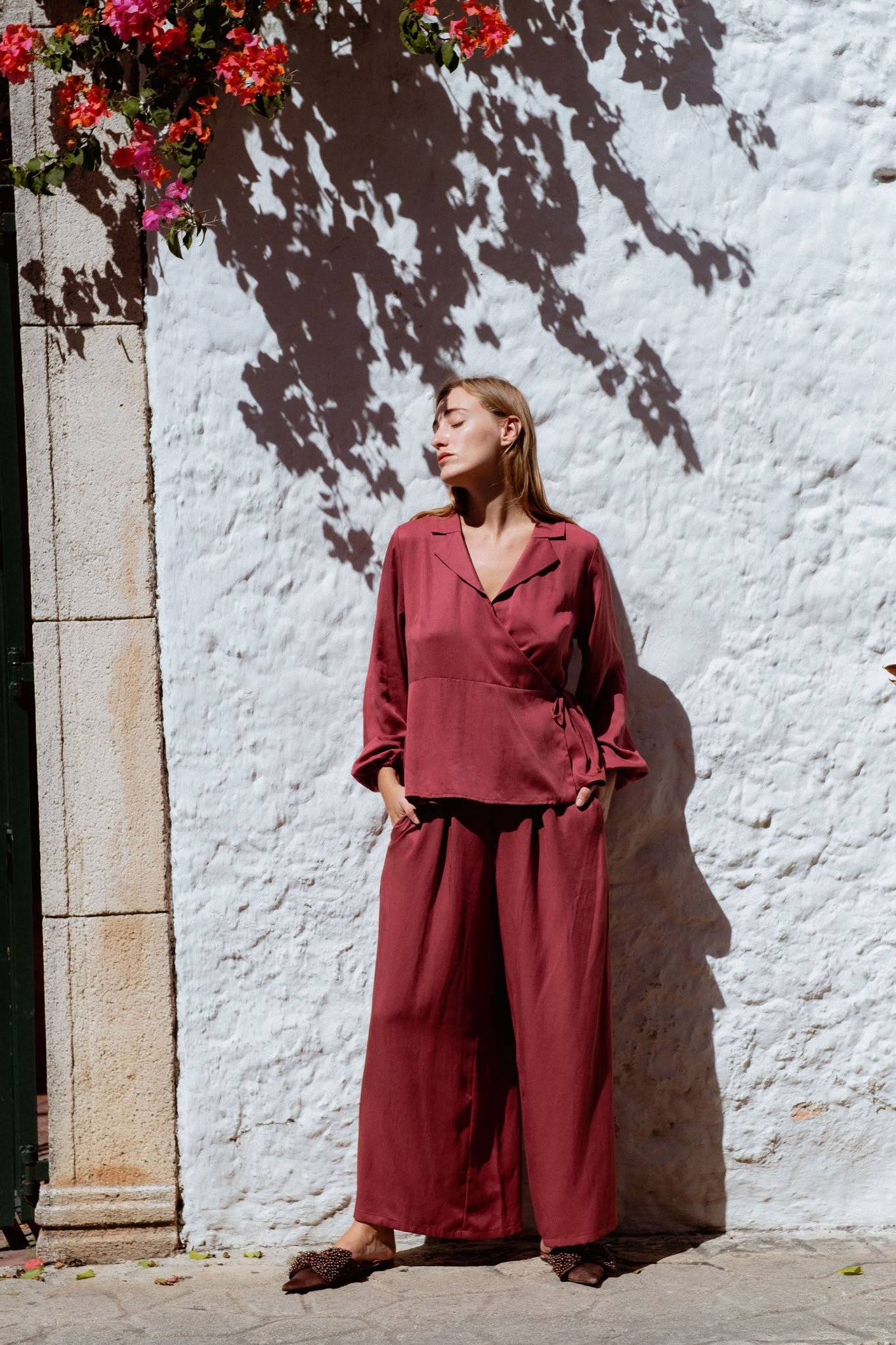 Skelling Blouse in Dusty Rose (Bloom) wrap-front lyocell blouse, side view - MAS Montréal