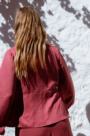 Skelling Blouse in Dusty Rose (Bloom) wrap-front lyocell blouse, back view - MAS Montréal