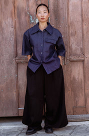Siena Pants in Black (Carbon) wide leg lyocell pants, detail - MAS Montréal