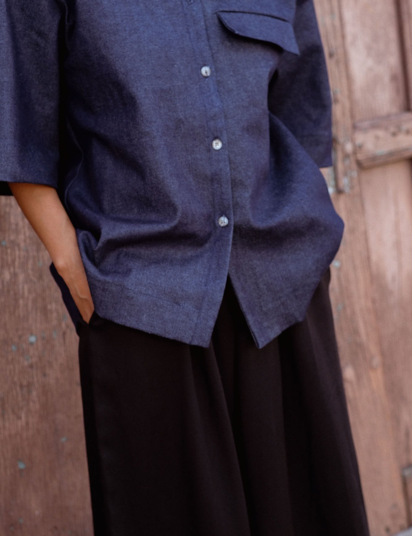 Siena Pants in Black (Carbon) wide leg lyocell pants, worn - MAS Montréal