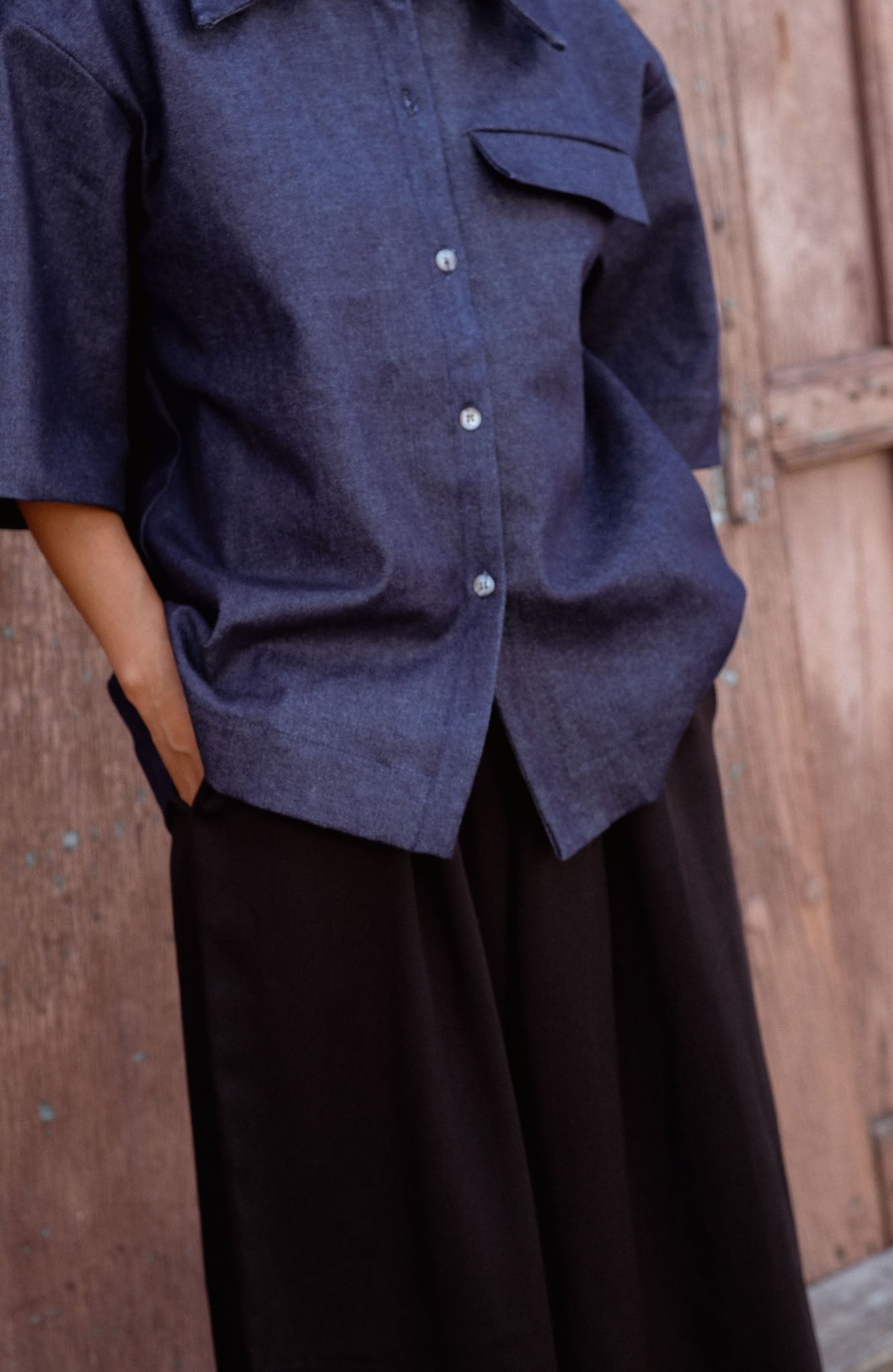 Siena Pants in Black (Carbon) wide leg lyocell pants, worn - MAS Montréal