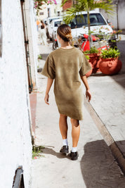 Mykonos Dress in Moss Green (Moss) velvet rib mini dress, back view - MAS Montréal
