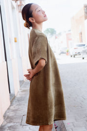 Mykonos Dress in Moss Green (Moss) velvet rib mini dress, detail - MAS Montréal